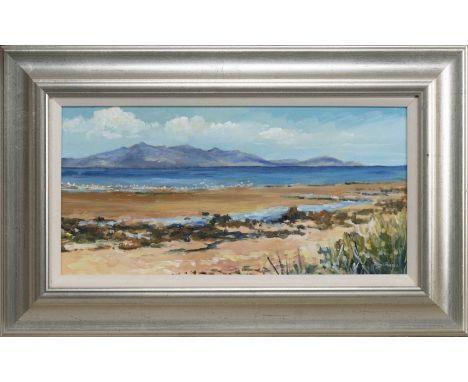 * RONNIE RUSSELL, ARRAN FROM THE AYRSHIRE COAST oil on canvas, signed, titled label versoframed and under glass image size 23