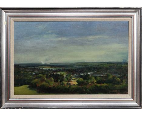 * JOE MCINTYRE (SCOTTISH b. 1940), DISTANT PROSPECT, DUNDEE oil on board, signed, titled label versoframedimage size 44cm x 6