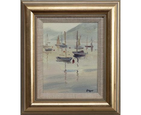 * NORMAN EDGAR RGI (SCOTTISH 1948 - 2022), MOORINGS, GOUROCK oil on canvas, signed, titled versoframed and under glass image 