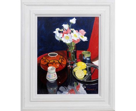 * FRANK COLCLOUGH (SCOTTISH 1941 - 2023), FLOWERS, POOLE POT & LEMONS oil on board, signed, titled versoframed and under glas