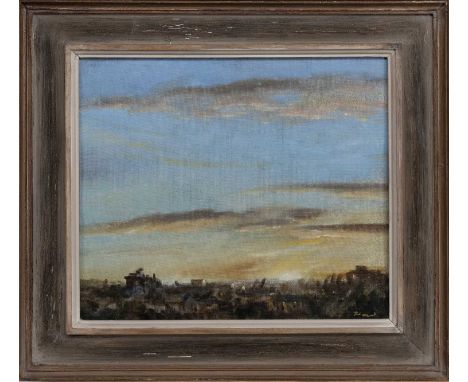 * ERNEST BURNETT HOOD RGI (SCOTTISH 1932 - 1988), SUNSET oil on board, signed, titled label versoframed and under glass image