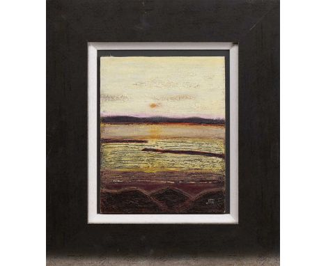 * JOCK MACINNES RGI (SCOTTISH, b. 1943) GOLDEN GLOW OVER ARRAN oil on board, initialledframedimage size 28cm x 23cm, overall 