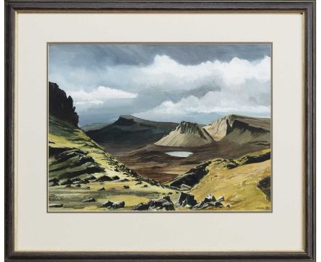 * JOHN WATLING (BRITISH b. 1943) THE STORR FROM THE QUIRRAING, SKYE watercolour on paper, signed, titled versomounted, framed