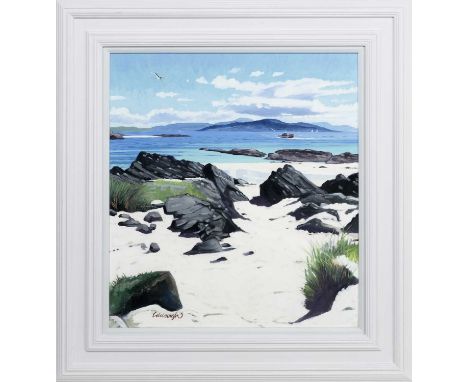 * FRANK COLCLOUGH (SCOTTISH 1941 - 2023), BEN MORE FROM IONA FORESHORE oil on board, signed, titled versoframed and under gla