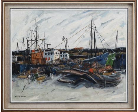 * HAMISH MACDONALD DA PAI (SCOTTISH 1935 - 2008), HARBOUR SCENE BUSY WITH BOATS oil on board, signedframed and under glassima