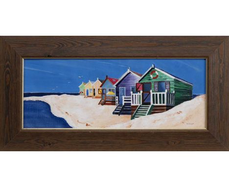 * SASH DINGWALL, BEACH HUTS oil on board, signedframed and under glassimage size 19cm x 50cm, overall size 32cm x 63cm Handwr