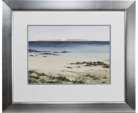 * DAVID M GRAHAM, RHUM AND EIGG FROM ARISAIG watercolour on paper, signed, titled versomounted, framed and under glass image 