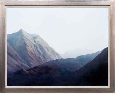 * REBECCA COLLINS MOUNTAIN LANDSCAPE oil on canvasframedimage size 70cm x 90cm, overall size 83cm x 103cm Note: Rebecca Colli