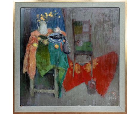 * JOHN BYRNE RSA (SCOTTISH 1940 - 2023), TABLETOP STILL LIFE WITH CHAIR  oil on board, signed framed    image size 120cm x 12