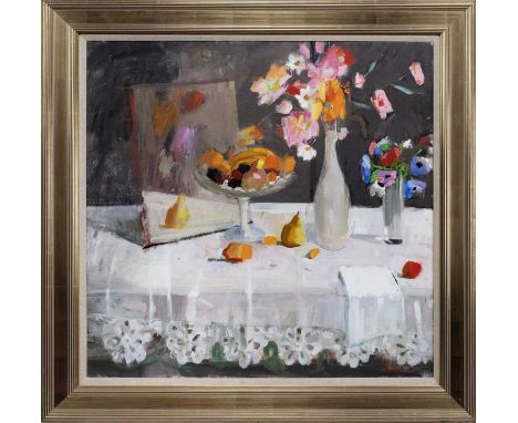 * JOHN CUNNINGHAM RGI D LITT (SCOTTISH 1926 - 1998), LACE TABLECLOTH oil on canvas, signed, titled versoframed and under glas