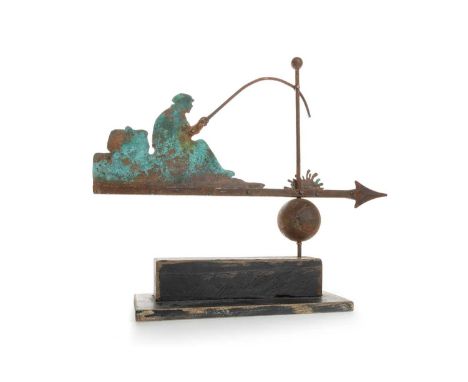 * RAMSAY GILLIES, THE FISHERMAN copper/sheet metal rotating sculpture of a fisherman/angler raised on a wooden base, initiall