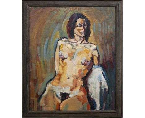 * SYLVIA ALLEN (SCOTTISH b. 1951), SEATED NUDE oil on canvas, signed, titled versoframedimage size 86cm x 71cm, overall size 