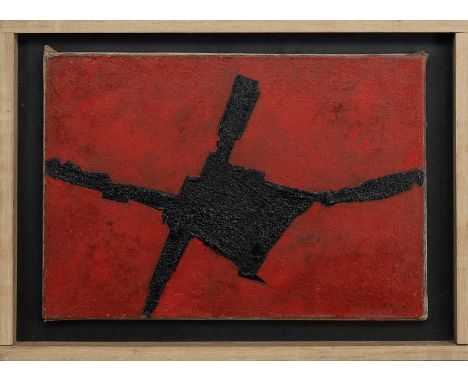 * WILLIAM GEAR RA FRSA RBSA (SCOTTISH 1915 - 1997), BLACK FIGURE ON RED NO. 5 oil on canvas, signed, titled and dated '56fram