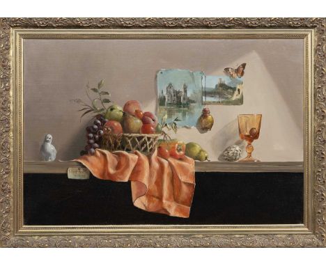 * DEBORAH JONES (BRITISH 1921 - 2012), STILL LIFE WITH FRUIT AND BUTTERFLY oil on canvas, signed and dated MCMLXXX (1980)fram