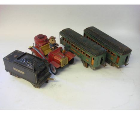 Two Lionel Gauge 1 passenger coaches: No 339 Pullman and No 341 Observation, green and orange, together with a 'Lionel Lines'