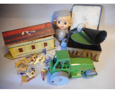 Bing, a clockwork 'Pigmyphone': with turntable, sound box, horn and key, a Triang Minic clockwork road roller  and a painted 