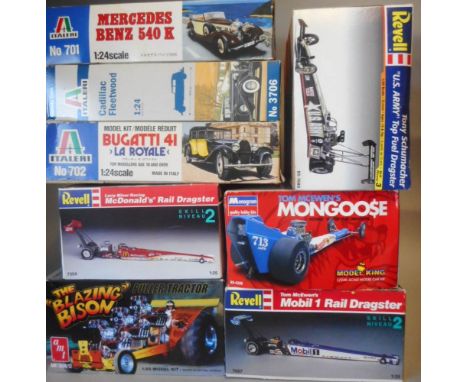 Revell, Italeri and others, a collection of 1/24th and 1/25th scale model construction kits: of dragsters and cars, including