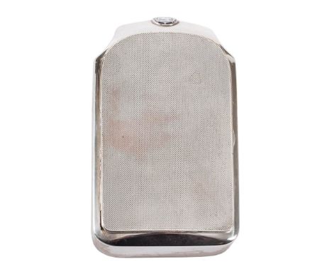 A silver plated Vauxhall radiator cigarette case: with enamel badge over an engine milled grill enclosing ceder wood interior