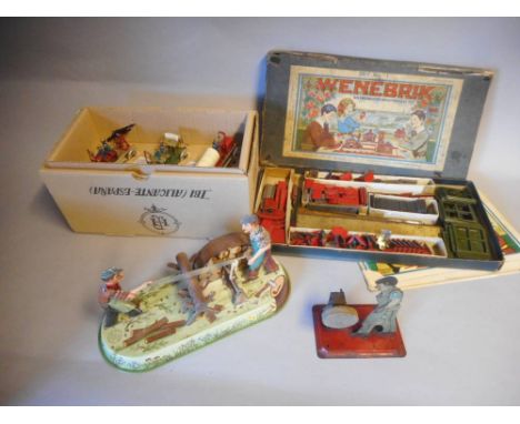 J Wagner, Nurnberger, a post war clockwork tinplate toy: of two wood cutters cutting a log, on an oval lithographed base, 22c