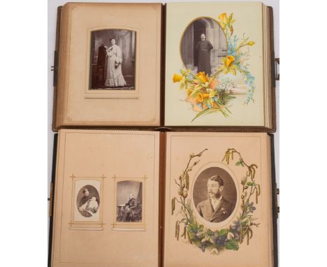 A late 19th/early 20th century 'Herborita' Carte de Visite album with floral lithograph decorated pages: part filled with fam