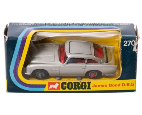 Corgi No 270 'James Bond' Aston Martin DB5:  silver, red interior and red tyre slashers, in window box.