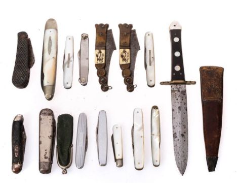 A  horn handled dagger by Henry Hobson &amp; Son in a brown leather scabbard, together with a collection of various penknives