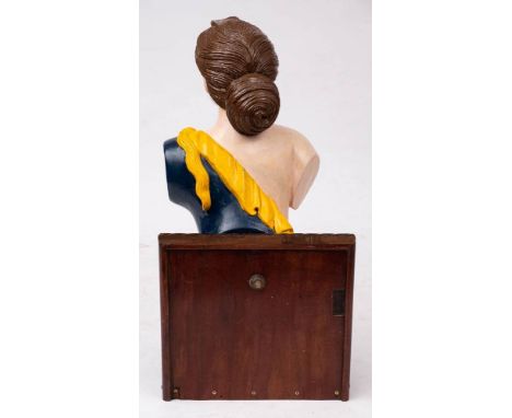 A late 19th century carved figurehead of 'Diana': with brown hair over painted face and blue dress with yellow sash, mounted 