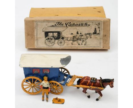 Charburns or similar The Caravan: white roof, blue body with red curtained windows, yellow spoked wheels, yellow shafts and b