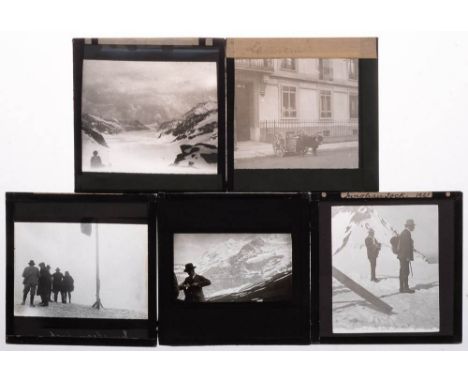 A large collection of early 20th century 3 inch diapositive magic lantern slides of European mountains and topography: many i