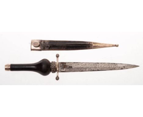 A 19th Century Spanish white metal mounted plug bayonet,: the straight double edged blade with acid etched decoration marked 