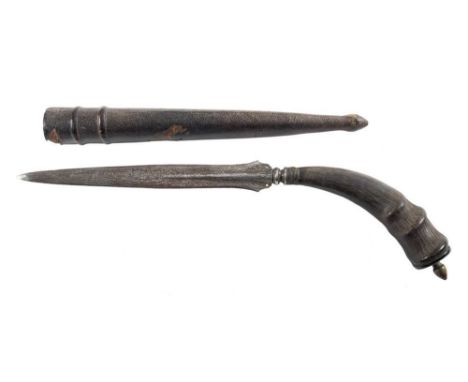 A 19th century Indo-Persian horn handled dagger: the straight doubled edged Damascus blade over a rounded hilt with single pi