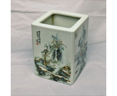 A LARGE CHINESE PORCELAIN BITONG DECORATED WITH TWO POEMS AND PAINTED IN COLOURED ENAMELS WITH MOUNTAINOUS LANDSCAPE Ð REPUBL