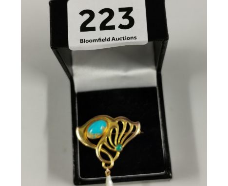 ARTS &amp; CRAFTS 9CT GOLD, TORQUOISE &amp; PEARL BROOCH