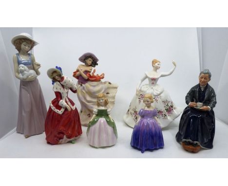 A collection of figurines , including Royal Doulton figures  of the cup of tea , Shirley , Christmas morn , Penny and Marie ,