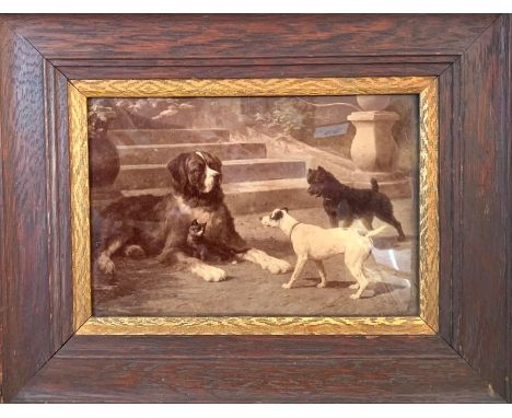 A late-Victorian crystoleum print of dogs, 16cm by 23cm, framed