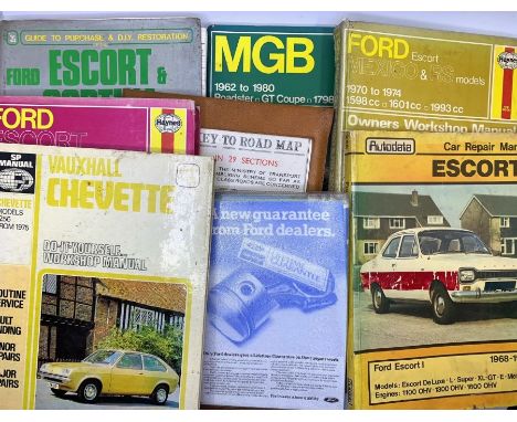 Collection of vintage car manuals, including Jaguar S Type 1963-68; Volvo 120 1961-68; Austin Morris J4 1960-74; Ford Escort 