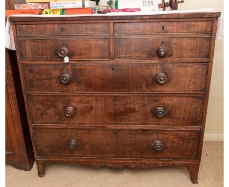 A George III mahogany chest of drawers, two short over three long drawers, turned handles, bracket feet, approx 113cm x 110cm