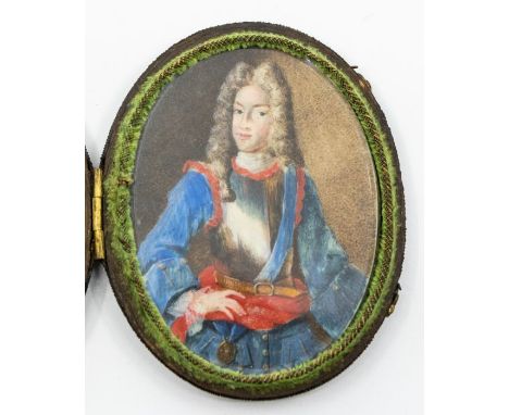 A cased 18th century Portrait miniature of James Francis Edward Stuart (1701-1766), interally with green felt lining and with