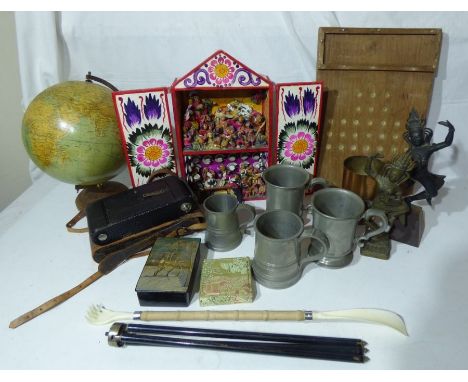 Mixed group to include a nativity set , pewter mugs , an old Kodak camera , 2 brass indian figures , signed laqured box with 