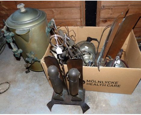 Two mid 20th century electric kettles, a mid 20th century electric fan, a light modelled as a sailing ship, an early 20th cen