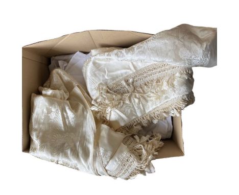 one box of table linens to include 1930s embroidered table mats, damask table cloths (20s/30s) and two large fringed table co