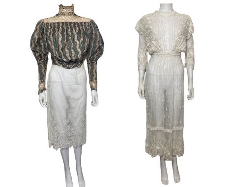 Two late Edwardian lace lingerie dresses, an early Edwardian silk blouse with pigeon chest, a lace overskirt (4)First dress i