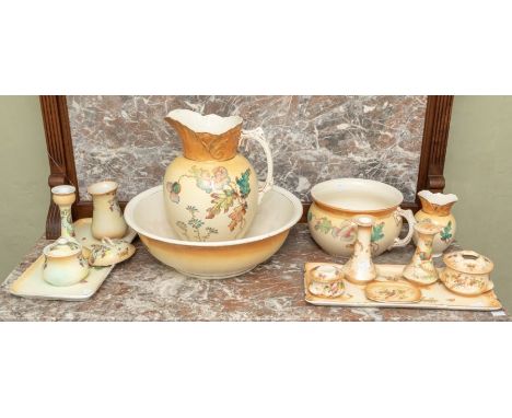 An Edwardian wash bowl, jug and vase; together with two Edwardian dressing table sets 