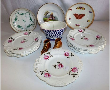 Collection of 18th and early 19th C ceramics .Bristol large saucer dish , Derby large saucer dish with hand painted butterfli