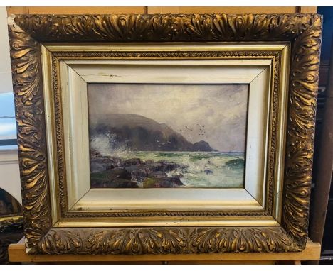 RJ Jones, Oil on Canvas 'Rugged Seascape', Dated 1907, Framed 16cm x 24cm, Signed Lower Left, information label to rear.&nbsp