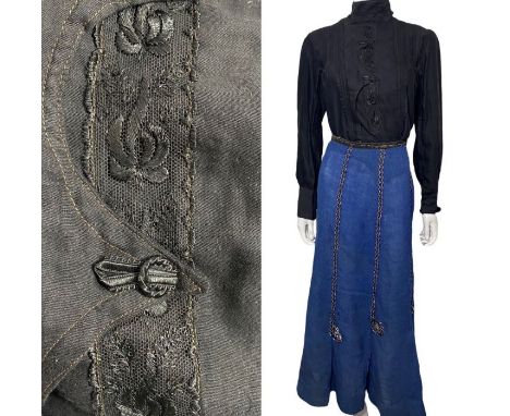 Edwardian clothing to include a blue wool walking skirt with braid trim, a silk blouse with lace trim, a black cotton blouse,