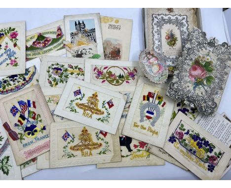 Collection of First World War postcards with fabric embellishments to include regimental badges; plus two Victorian greetings