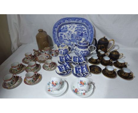 Group of ceramics to include a Victorian willow pattern platter and other willow items , 2 Japanese part coffee services and 