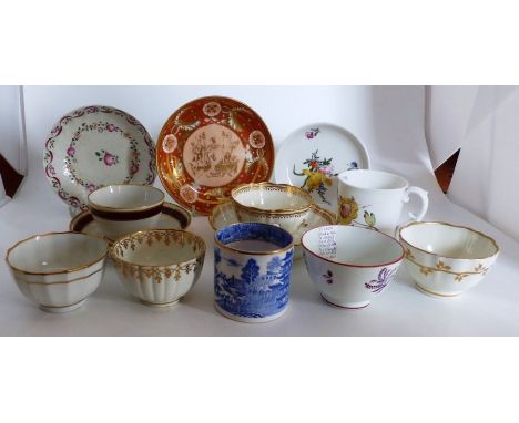 Machin Pattern 87 blue & white coffee can , Coalport mug , Caughley teabowl & saucer with gilt sprigs ,2 Caughley gilt teabow