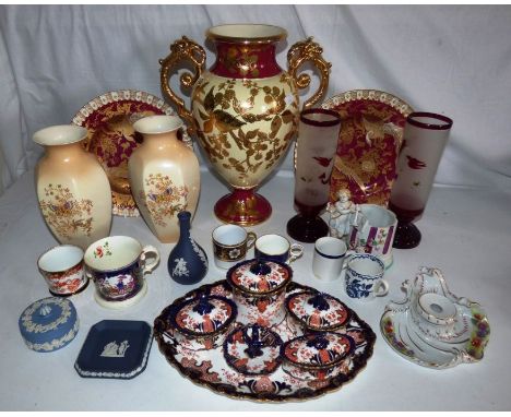 Quantity of mixed ceramics , to include a large vase , pair if glass vases , pair of Crown Ducal vases , Royal Crown Derby dr